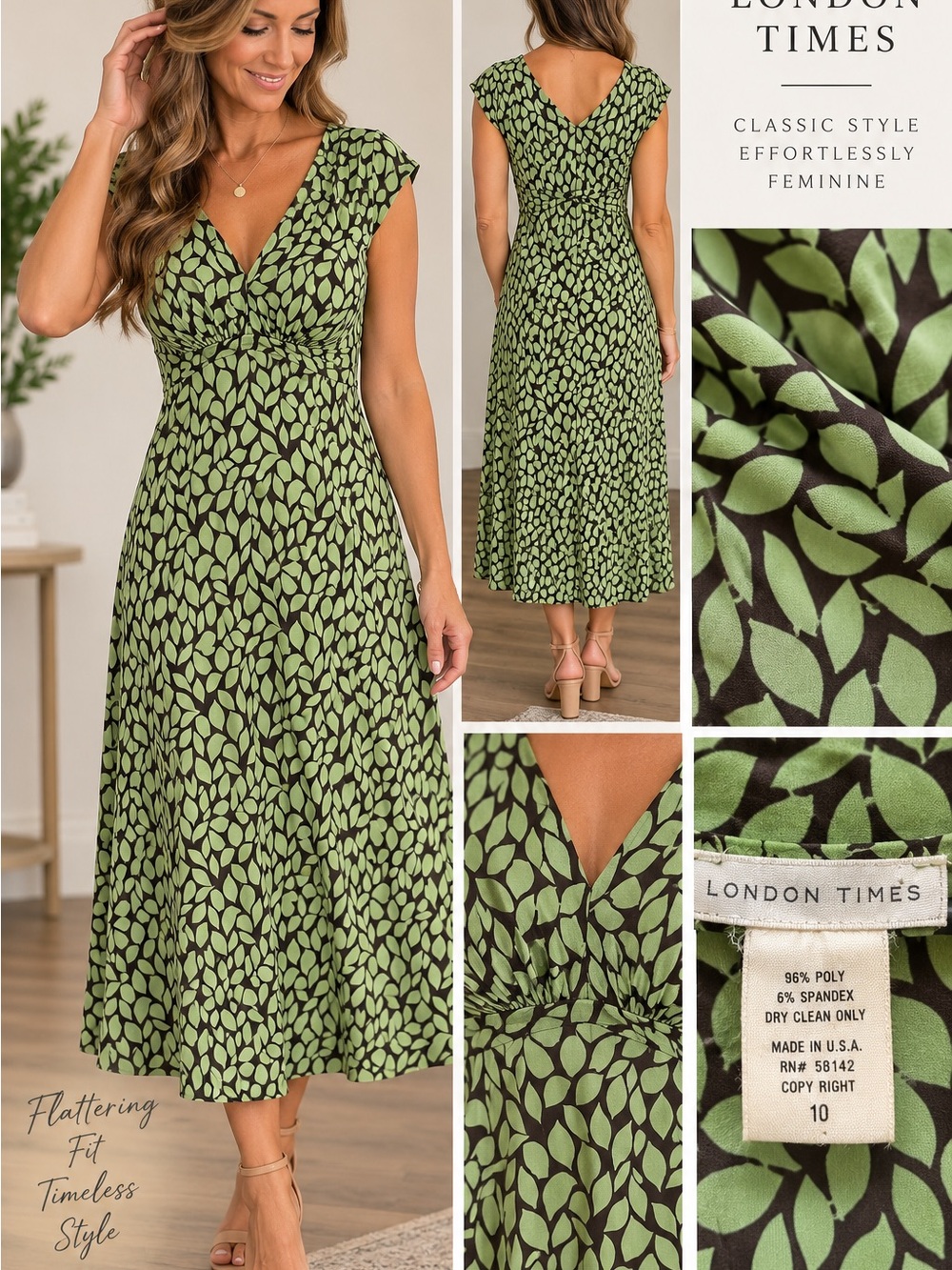 London Times Green Leaf-Print Midi Dress